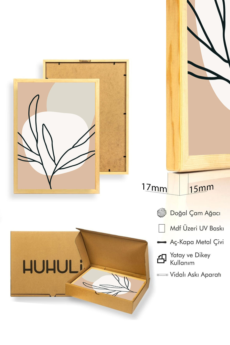 Doğal Ahşap Çerçeveli Minimal Yaprak Desenli Tablo - Pastel Tonlar | huhu1386