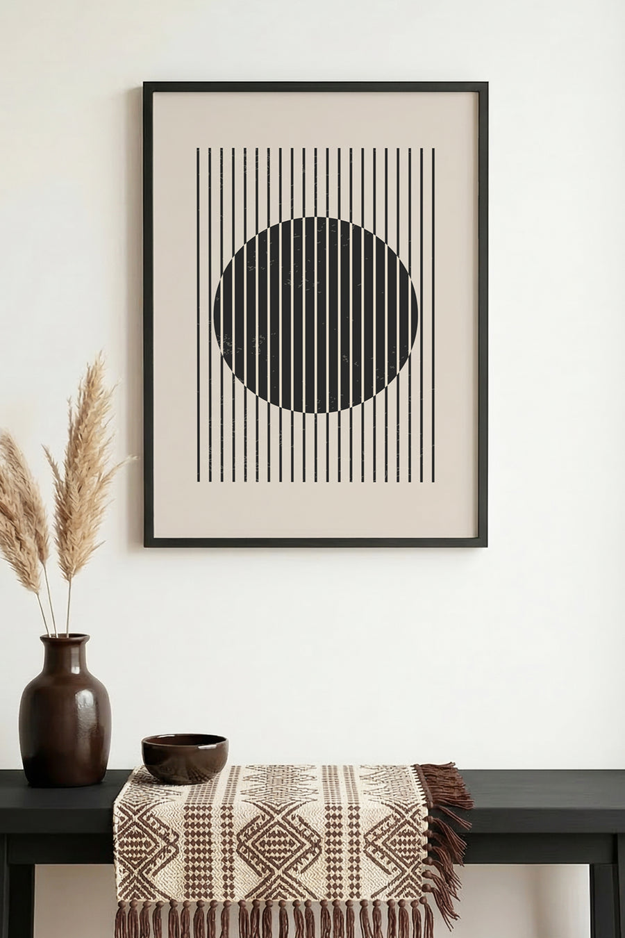 Doğal Ahşap Çerçeveli Minimal Çizgili Tablo - Soyut | huhu1032