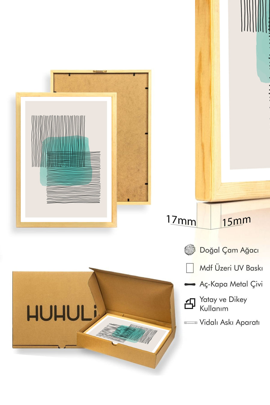 Doğal Ahşap Çerçeveli Minimal Desenli Tablo - Soyut | huhu1556