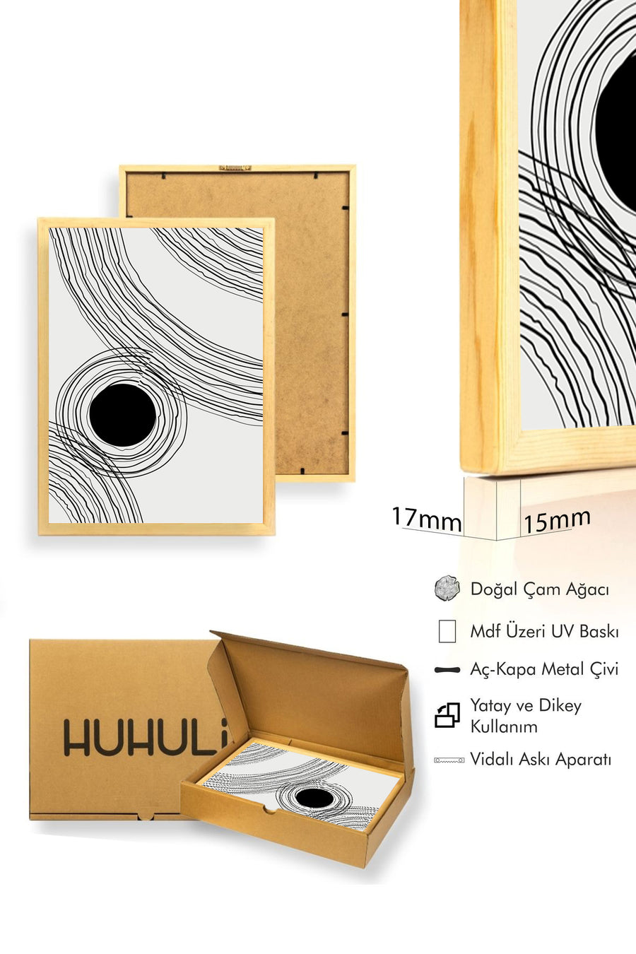 Doğal Ahşap Çerçeveli Minimal Çizgisel Desenli Tablo - Siyah Beyaz | huhu1383