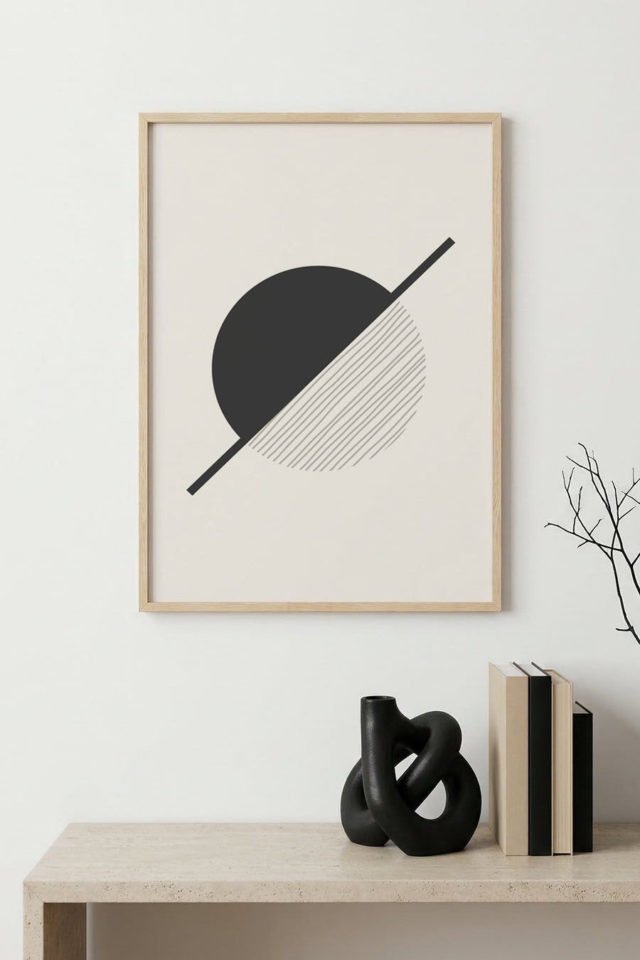 Doğal Ahşap Çerçeveli Geometrik Desenli Tablo - Minimal | huhu1435