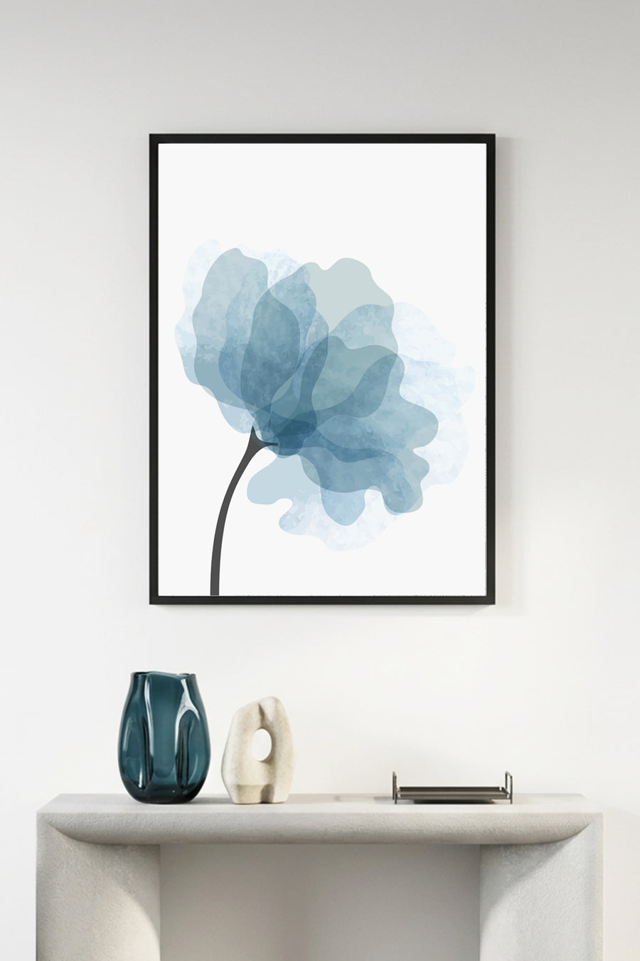 Doğal Ahşap Çerçeveli Minimal Çiçek Desenli Tablo - Mavi Tonlar | huhu1015