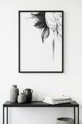 Doğal Ahşap Çerçeveli Minimal Siyah Beyaz Çiçek Desenli Tablo - Modern Tema | huhu1315