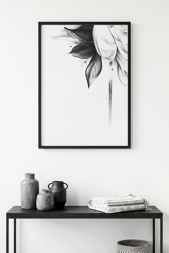 Doğal Ahşap Çerçeveli Minimal Siyah Beyaz Çiçek Desenli Tablo - Modern Tema | huhu1315