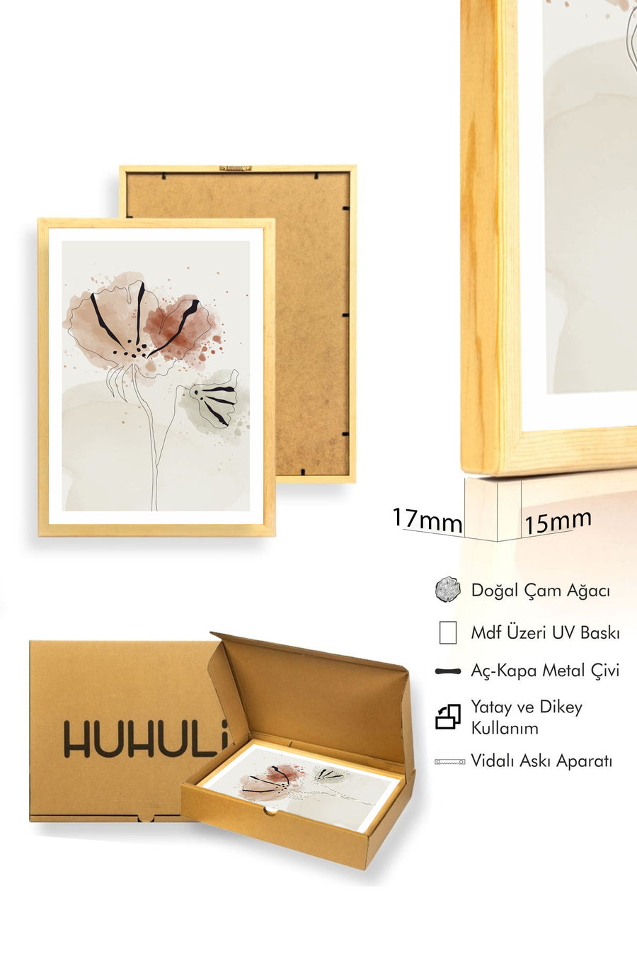 Doğal Ahşap Çerçeveli Çiçek Desenli Tablo - Pastel Tonlar | huhu1014