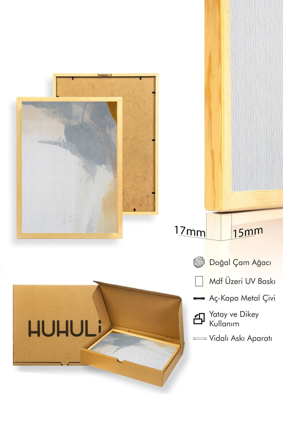 Doğal Ahşap Çerçeveli Soyut Desenli Tablo - Pastel Tonlar | huhu1329