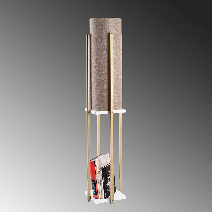 Raflı Lambader Metal Keten Abajurlu - Altın