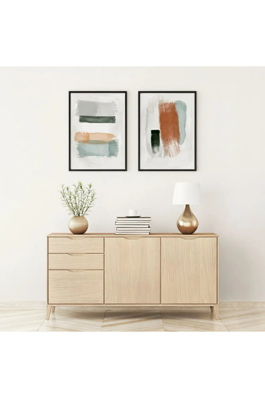 Ahşap Siyah Çerçeveli 2'li Soyut Desenli Pastel Tablo Seti | Huhu102