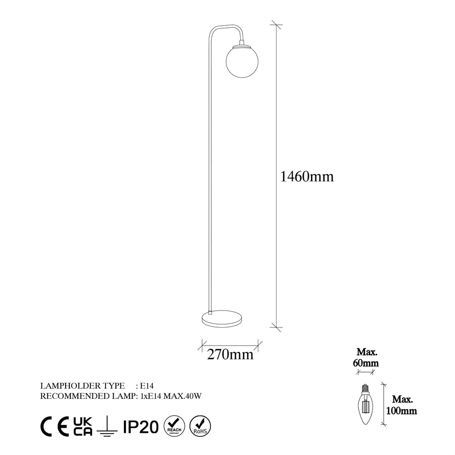 Cam Küre Tekli Lambader Metal - Altin