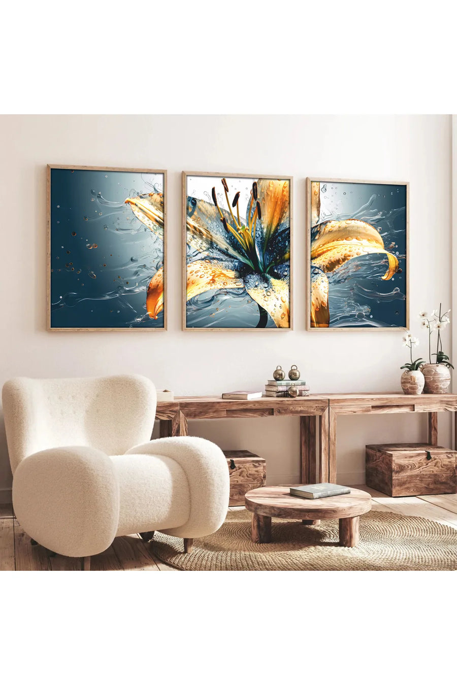 Ahşap Çerçeveli 3'lü Çiçek Desenli Modern Tablo Seti | Huhu219