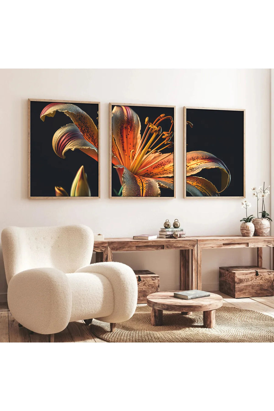 Ahşap Çerçeveli 3'lü Çiçek Desenli Modern Tablo Seti | Huhu221