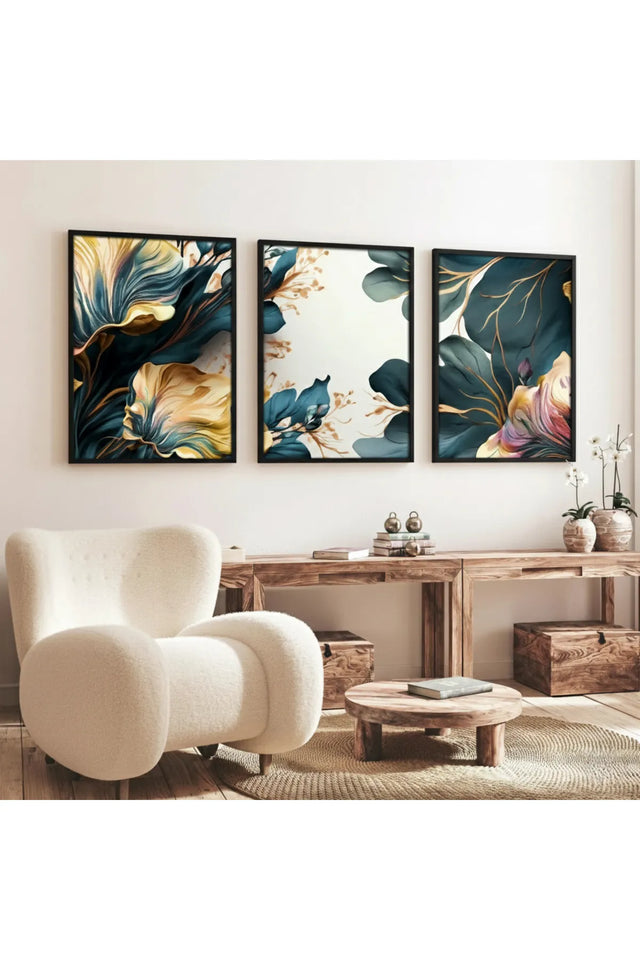 Ahşap Siyah Çerçeveli 3'lü Çiçek Desenli Modern Tablo Seti | Huhu217