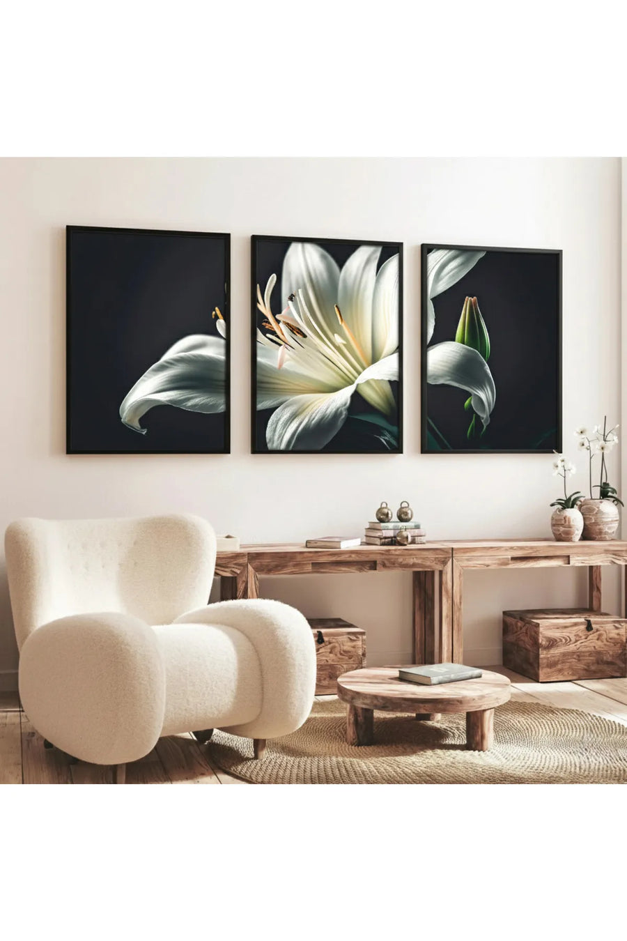 Ahşap Siyah Çerçeveli 3'lü Çiçek Desenli Modern Tablo Seti | Huhu224
