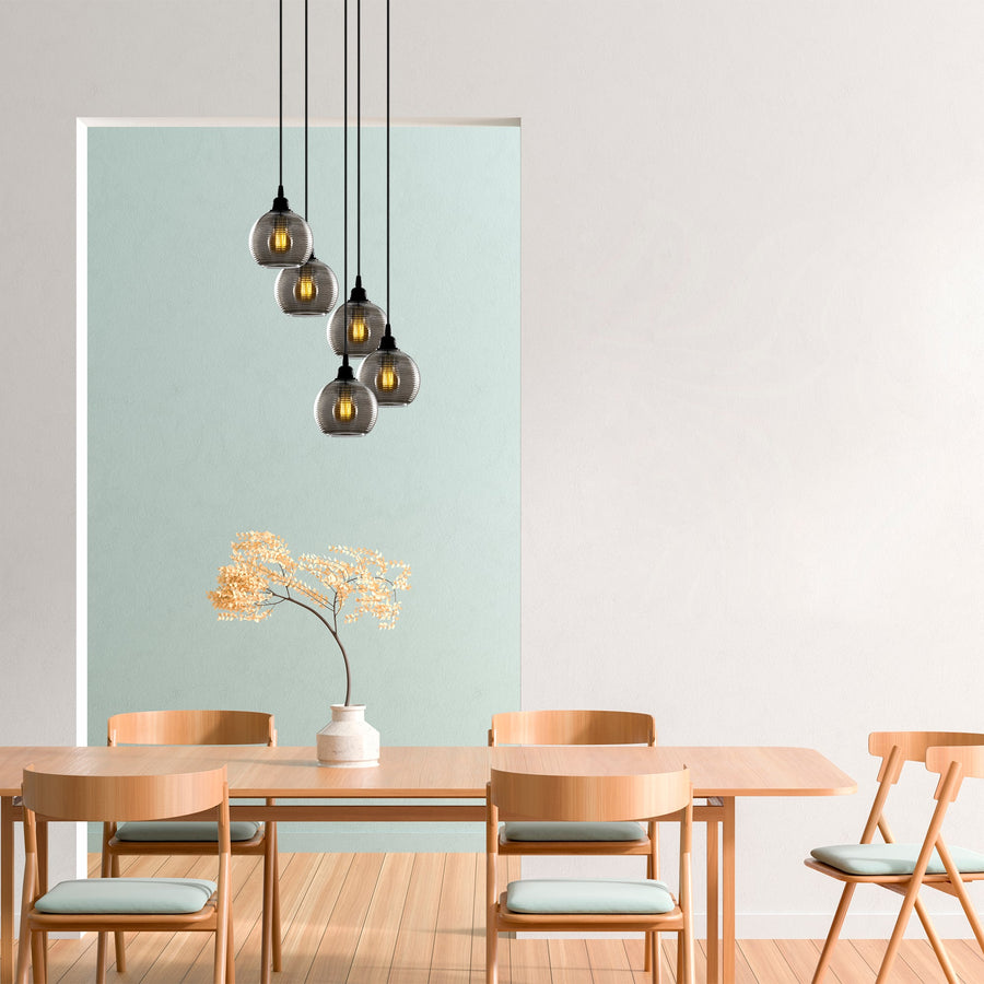 Yivli Cam Küre 5'li Tepsi Sarkıt - Gri