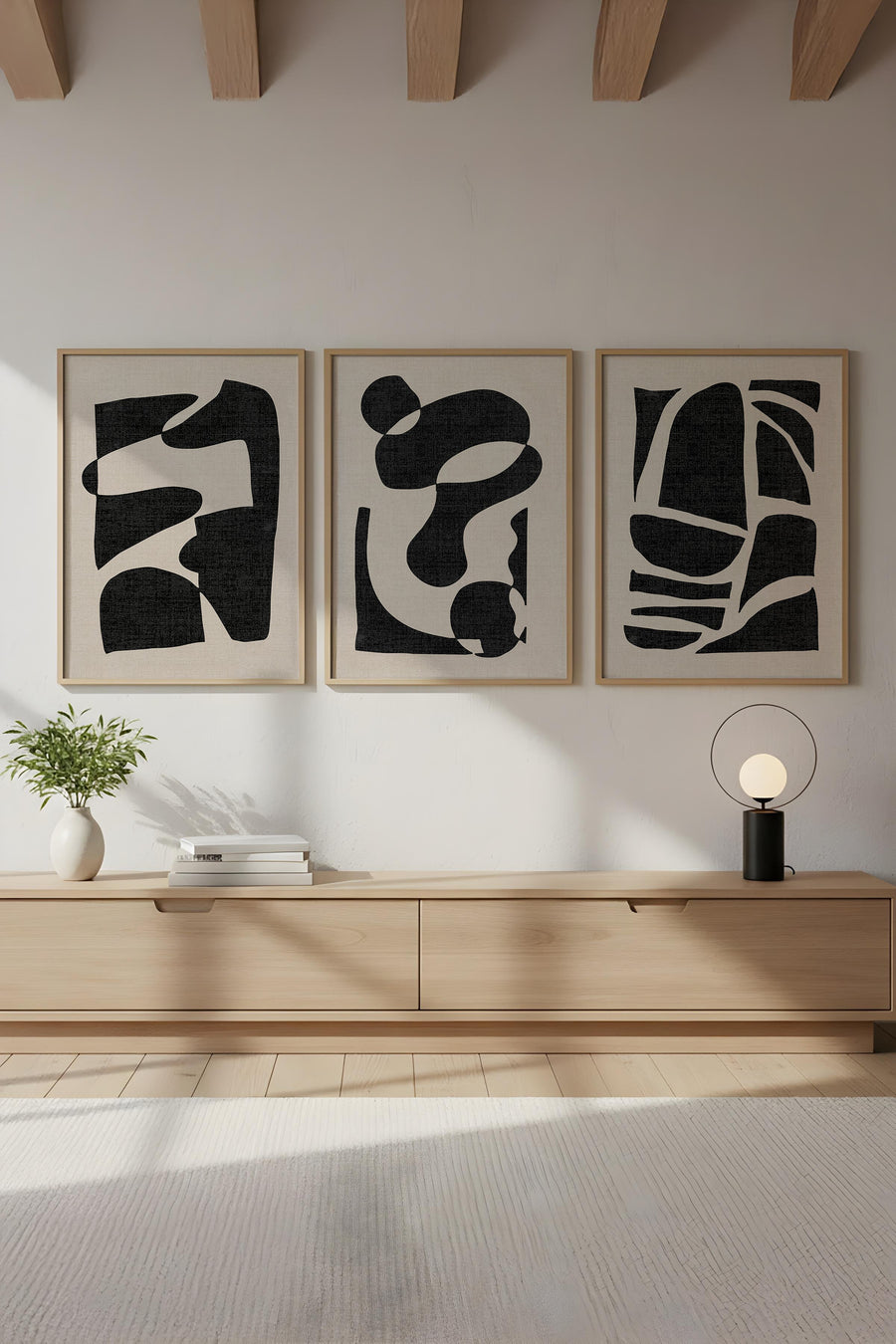 Soyut Desenli Siyah Beyaz Tablo Seti - Modern 3’lü Set | huhu201