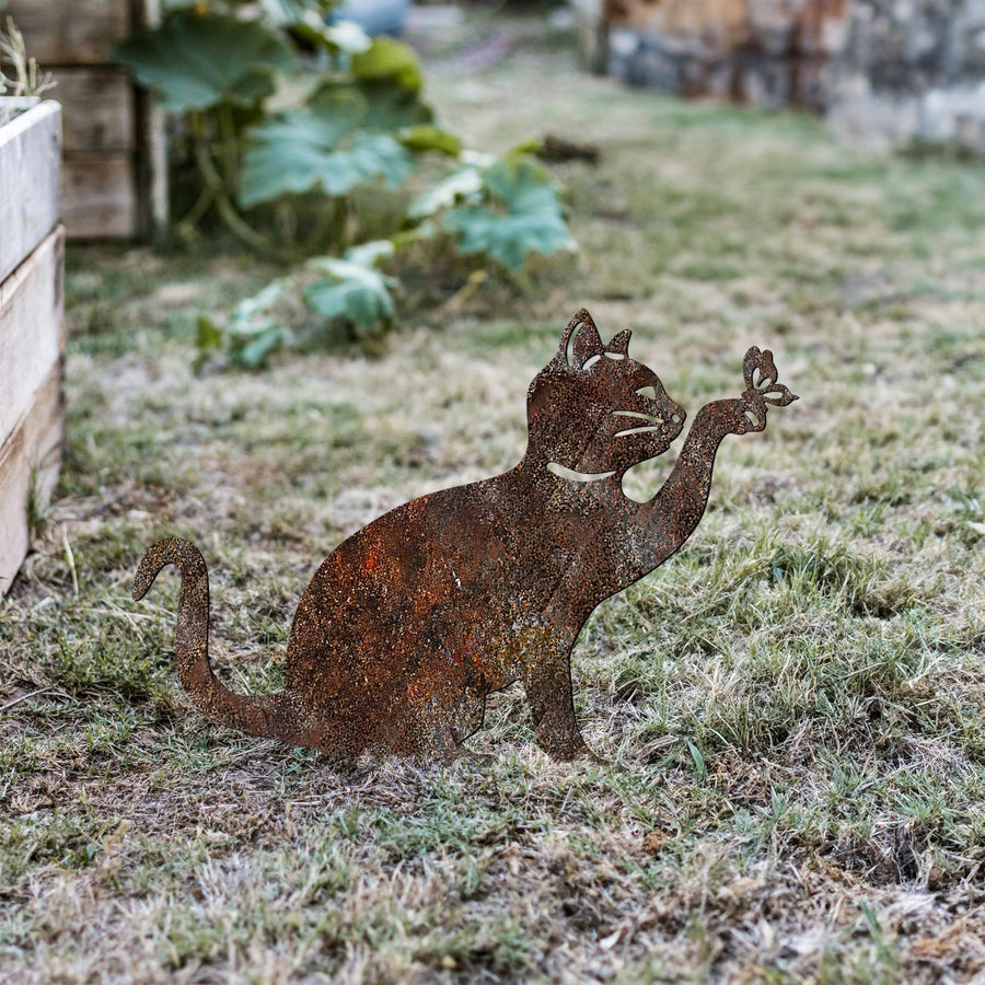Oyun Pozu Kedi Metal Bahçe Dekoru - Kahve