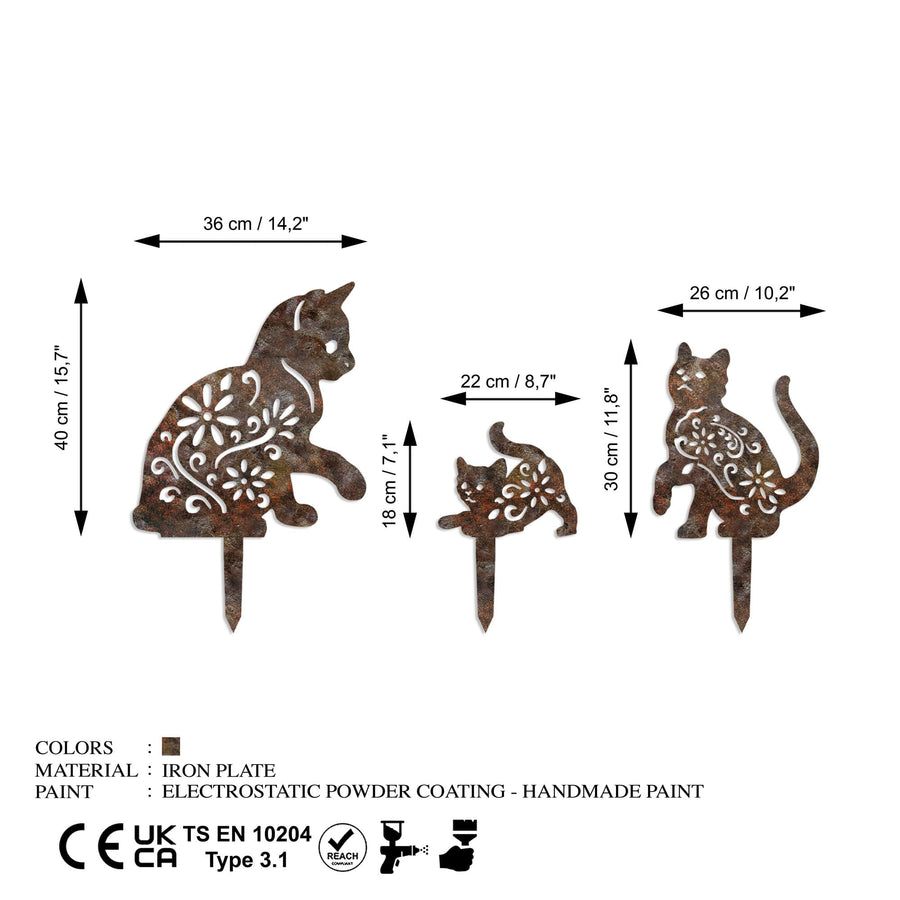 Kedi Ailesi Rustik Metal Bahçe Dekoru - Bakır