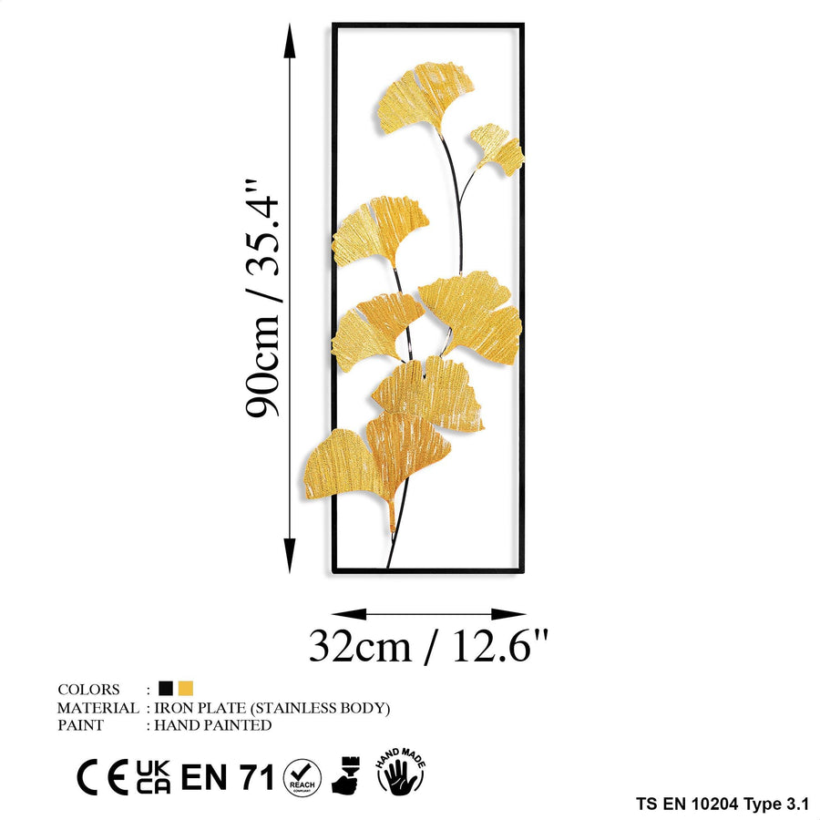 Ginkgo Yaprak Metal Duvar Panosu - Altin