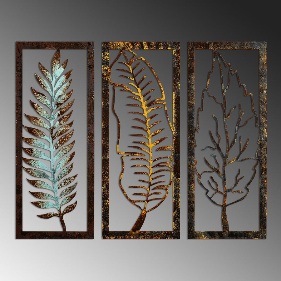 Yaprak Üçlü Metal Duvar Panosu - Çok Renkli