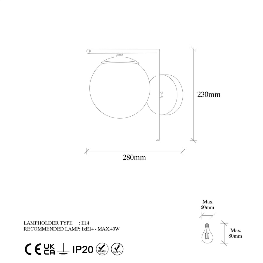 Küresel Tekli Aplik Metal Amber Camlı - Altın