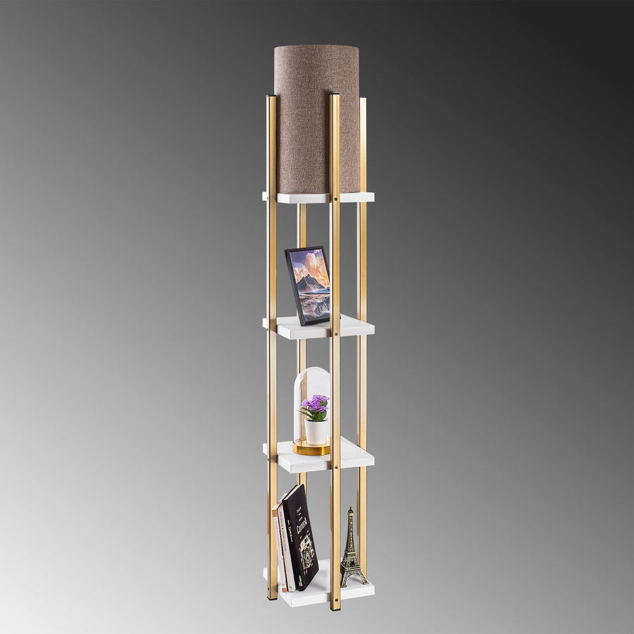 Raflı Lambader Metal Keten Abajurlu - Altın