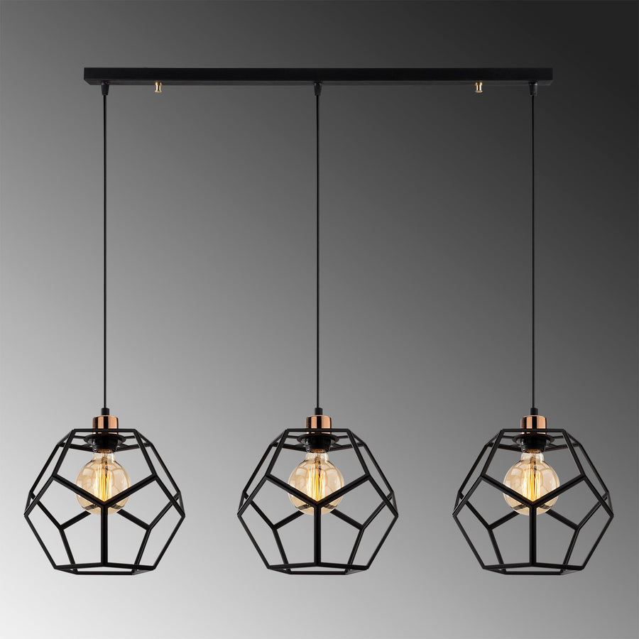 Geometrik Kafes 3'lü Sıralı Metal Sarkıt - Siyah