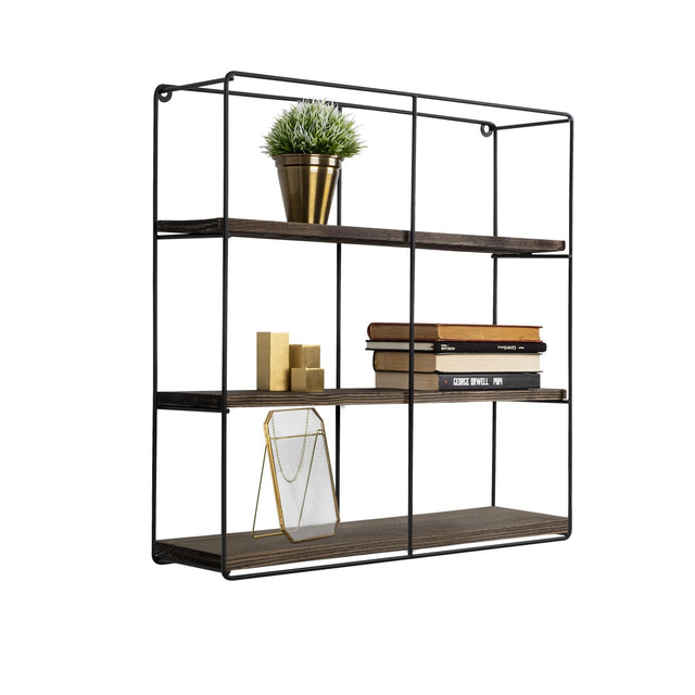 Büyük Grid Metal Ahşap Duvar Rafı - Siyah
