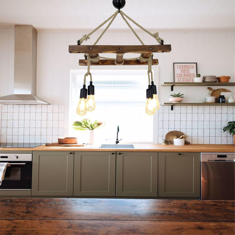 Rustik Ahsap Avize 4'lu Kare Cerceveli - Kahve