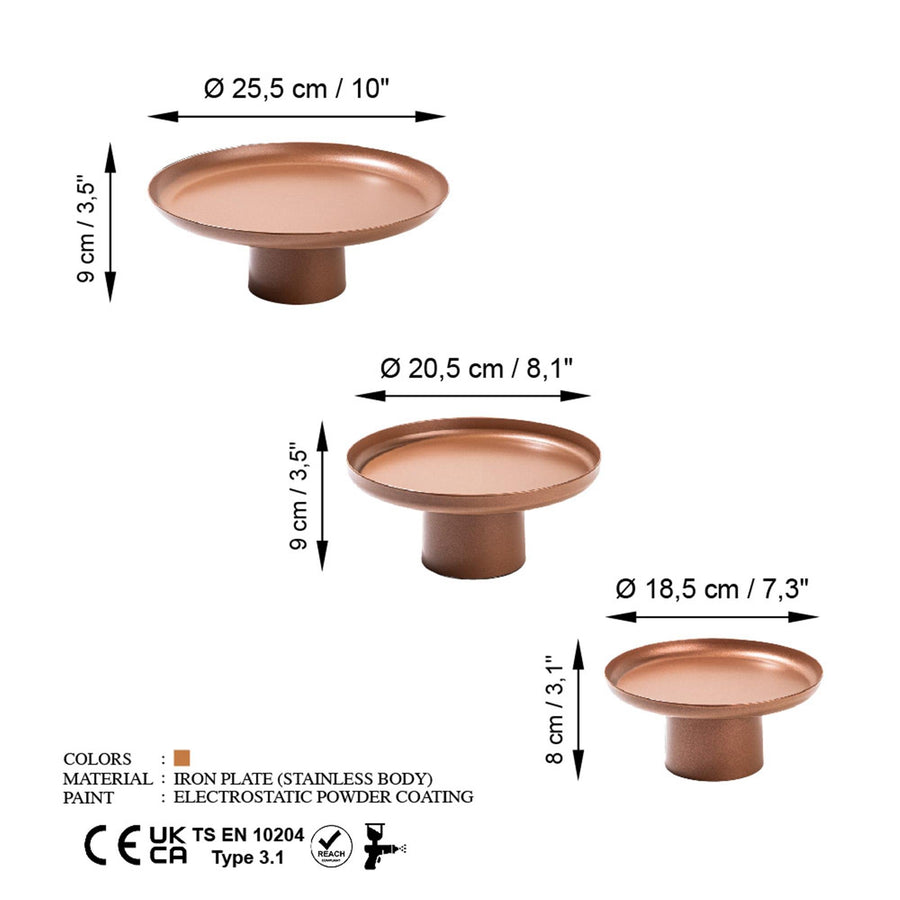 3'lu Set Metal Ayakli Sunum Tepsisi - Bakir