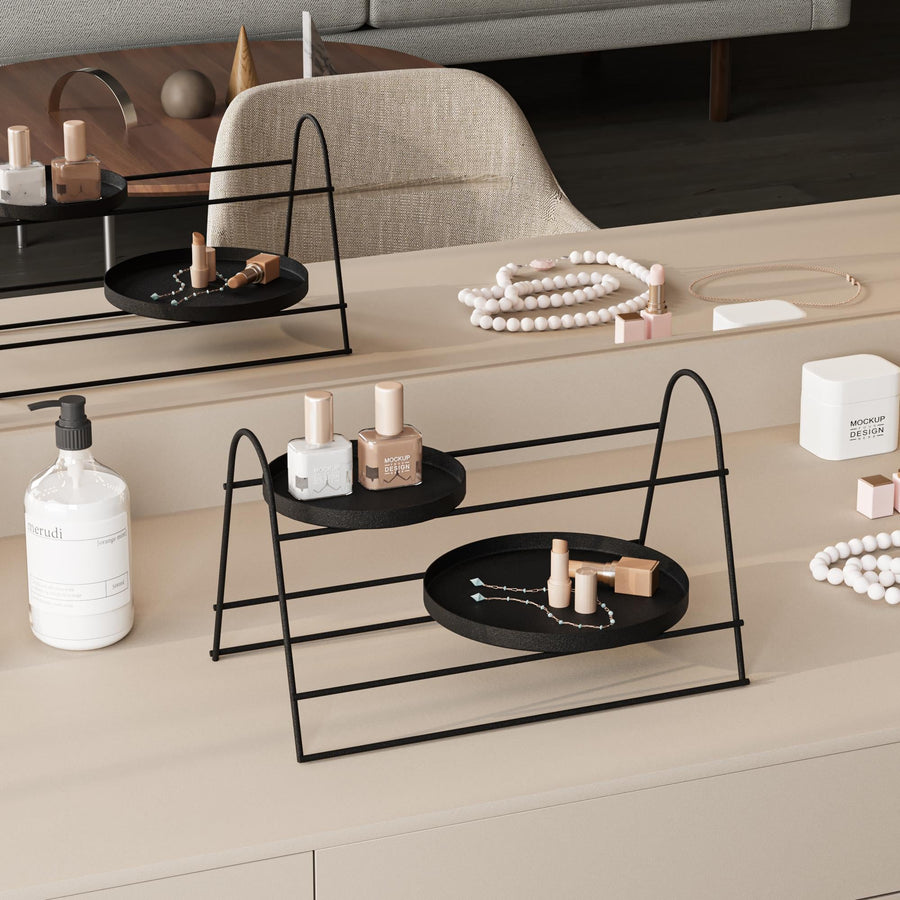 Siyah Metal 2 Tepsi Katli Banyo Duzenleyici Standi - Siyah