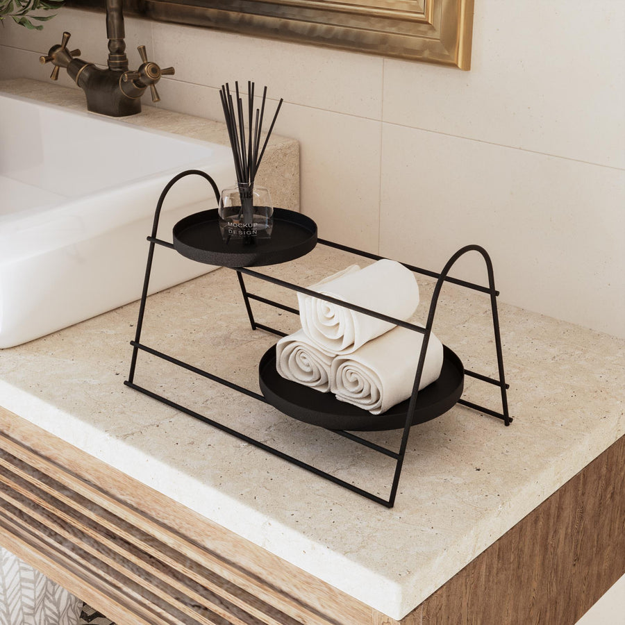 Siyah Metal 2 Tepsi Katli Banyo Duzenleyici Standi - Siyah