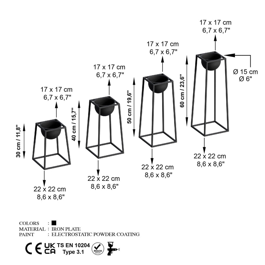 Siyah Metal Saksılık 4'lü Set - Siyah