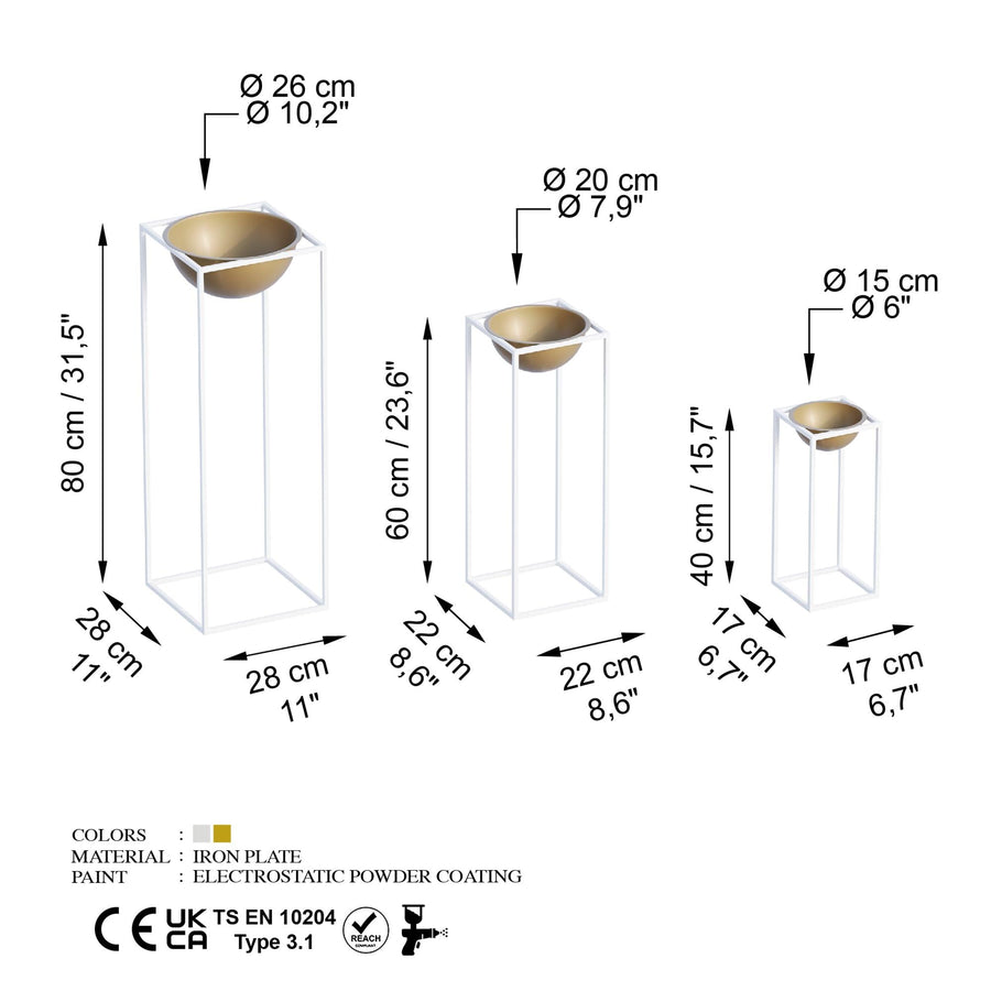 Beyaz-Altın Metal Saksılık 3'lü Set - Beyaz