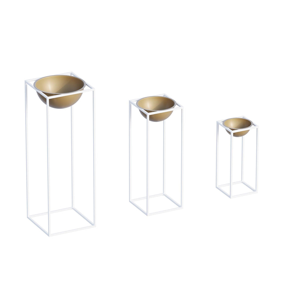Beyaz-Altın Metal Saksılık 3'lü Set - Beyaz