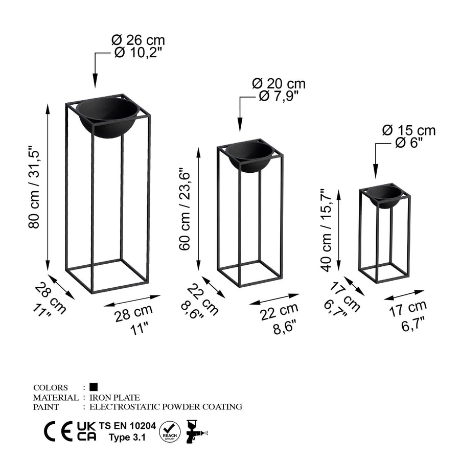 Siyah Metal Saksılık 3'lü Set - Siyah