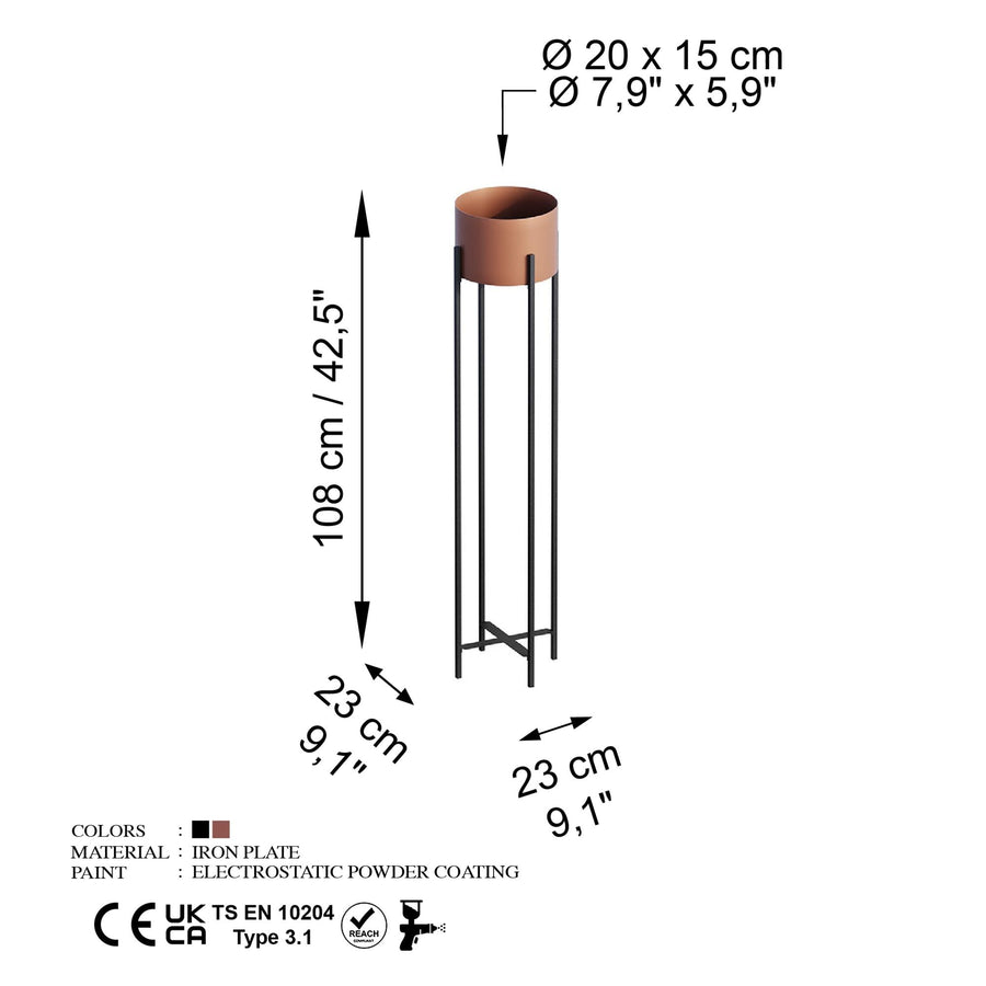 Çubuk Ayaklı Uzun Metal Saksılık - Bakır-Siyah