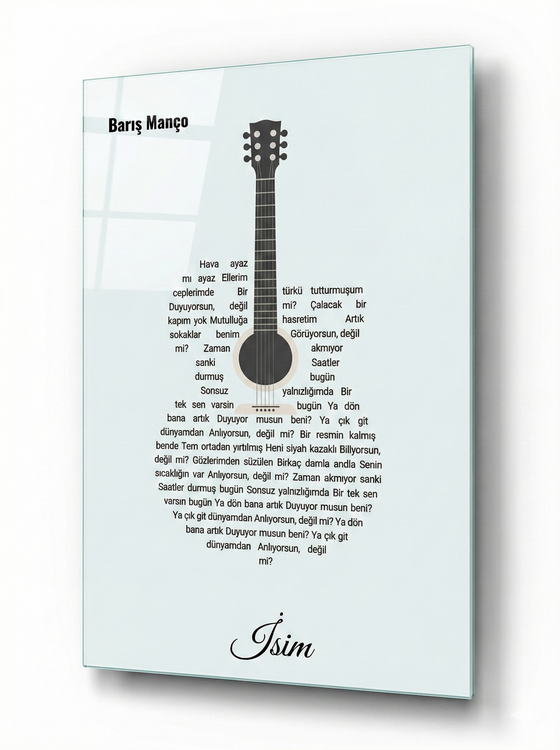 Kişiye Özel Gitar Şekilli Şarkı Sözü Cam Tablosu
