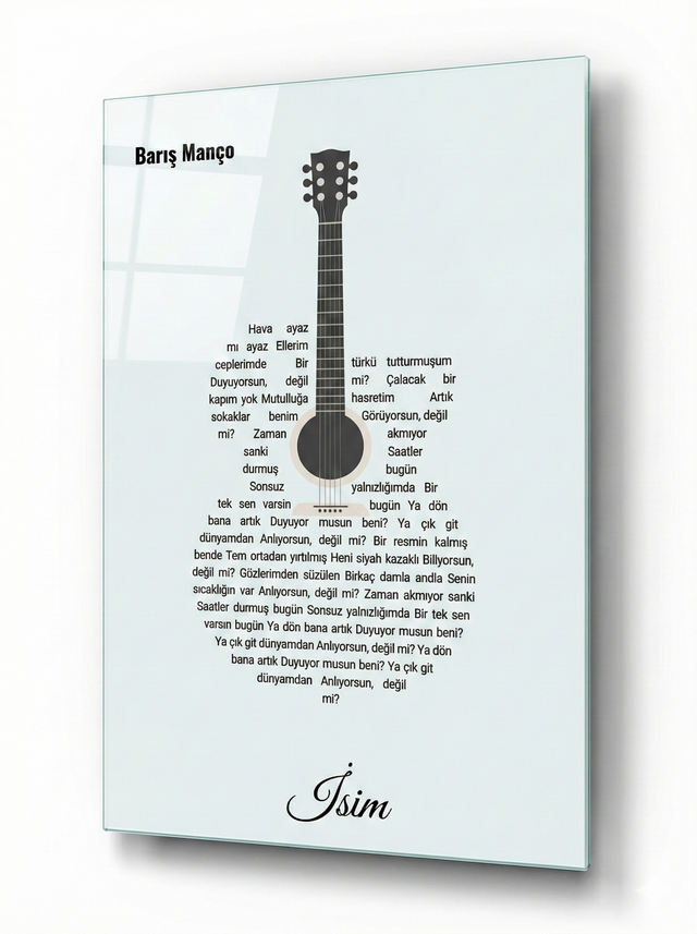 Kişiye Özel Gitar Şekilli Şarkı Sözü Cam Tablosu