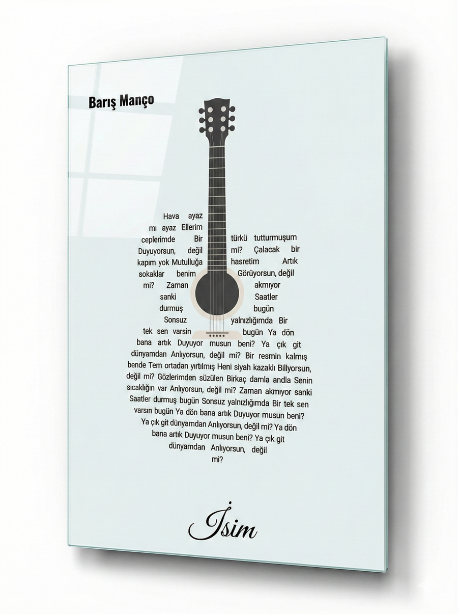 Kişiye Özel Gitar Şekilli Şarkı Sözü Cam Tablosu