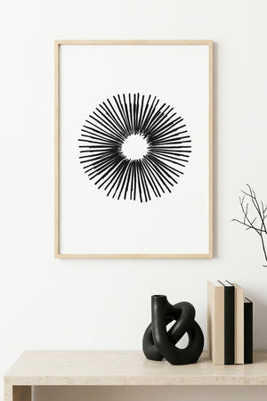 Doğal Ahşap Çerçeveli Minimalist Siyah Desenli Tablo - Geometrik | huhu1084