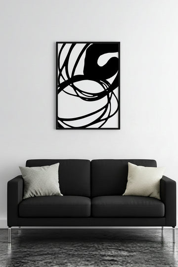 Doğal Ahşap Çerçeveli Minimal Line Art Tablo - Siyah Beyaz | huhu1085