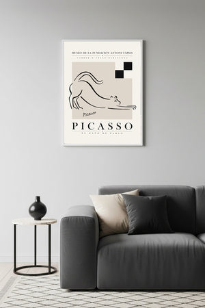 Beyaz Ahşap Çerçeveli Minimalist Kedi Desenli Tablo - Siyah-Beyaz | Huhu1115