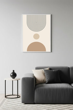 Beyaz Ahşap Çerçeveli Minimal Geometrik Desenli Tablo - Bej | Huhu1136