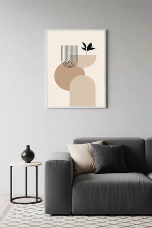 Beyaz Ahşap Çerçeveli Minimal Geometrik Desenli Tablo - Bej Tonları | Huhu1145