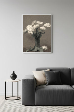 Beyaz Ahşap Çerçeveli Çiçek Desenli Tablo - Minimal | Huhu1164