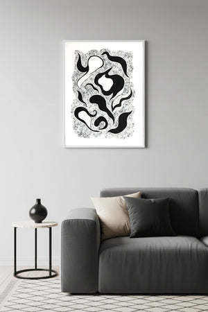 Beyaz Ahşap Çerçeveli Soyut Siyah Beyaz Desenli Tablo - Modern | Huhu1187