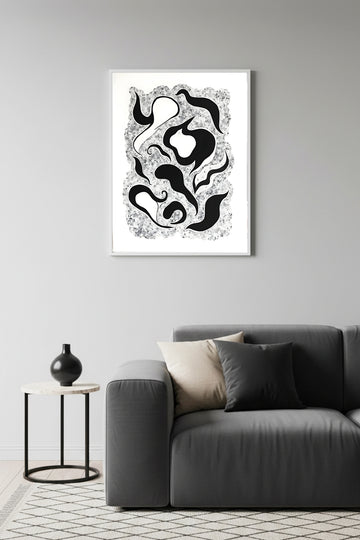 Beyaz Ahşap Çerçeveli Soyut Siyah Beyaz Desenli Tablo - Modern | Huhu1187