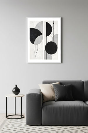 Beyaz Ahşap Çerçeveli Geometrik Siyah-Beyaz Desenli Tablo - Minimal | Huhu1188