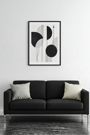 Doğal Ahşap Çerçeveli Geometrik Siyah-Beyaz Desenli Tablo - Minimal | huhu1188