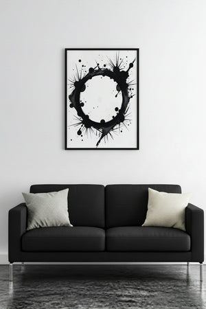 Doğal Ahşap Çerçeveli Soyut Siyah Desenli Tablo - Modern | huhu1190